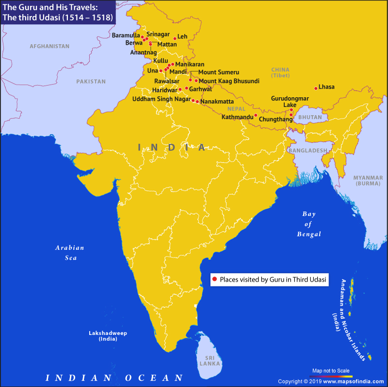 Map of India Showing Places Visited by Guru Nanak Dev Ji in Third Udasi