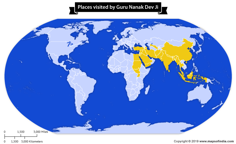 Map of World Showing Places Visited by Guru Nank Dev Ji