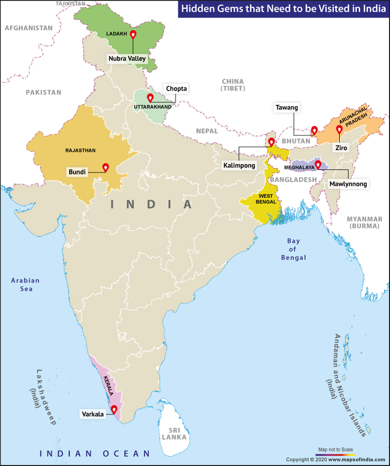 Map Showing Secret Destinations to Visit in India