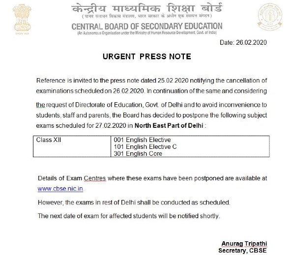 CBSE Exam Postponed in North-east Part of Delhi
