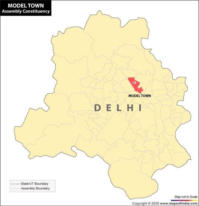 Delhi Map Highlighting Location of Model Town Assembly Constituency