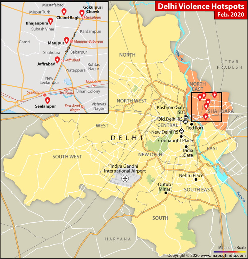 Map Showing Delhi Violence Hotspots February 2020 