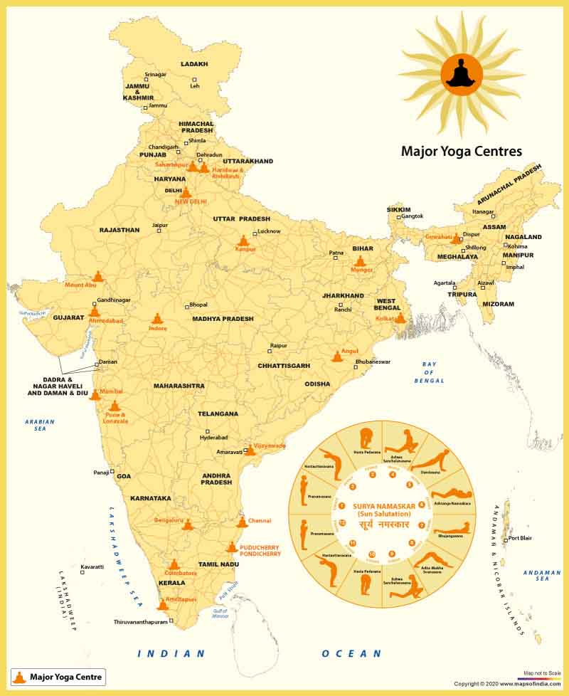 Map of India Showing Major Yoga Centres