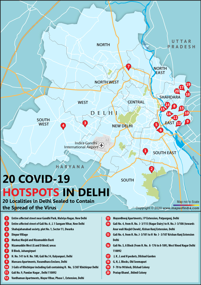 Map of Delhi Showing 20 Coronavirus Hotspots Sealed in Delhi