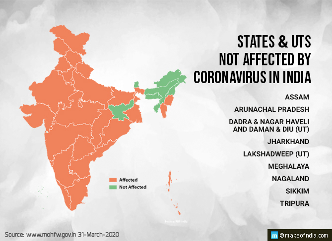 Map of India Showing States nd UTs which are Not Affected by Coronavirus