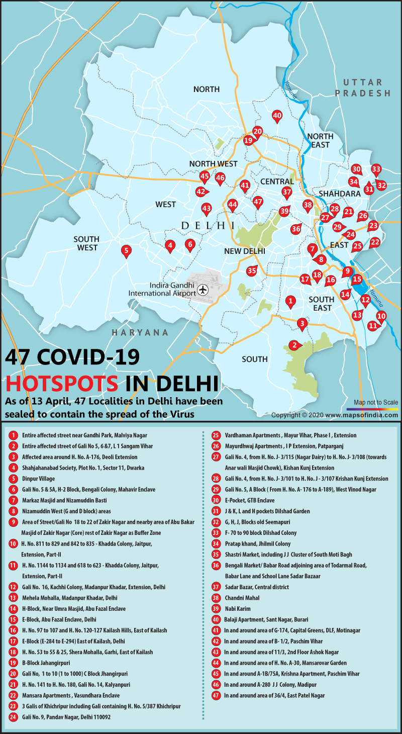 Map of Delhi Showing 47 Coronavirus Hotspots Sealed in Delhi