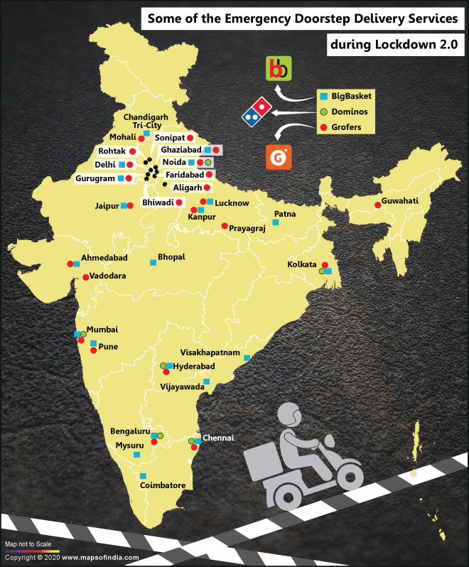 Map of India Showing Location Where Emergency Doorstep Delivery Services are Provided During Lockdown 2.0