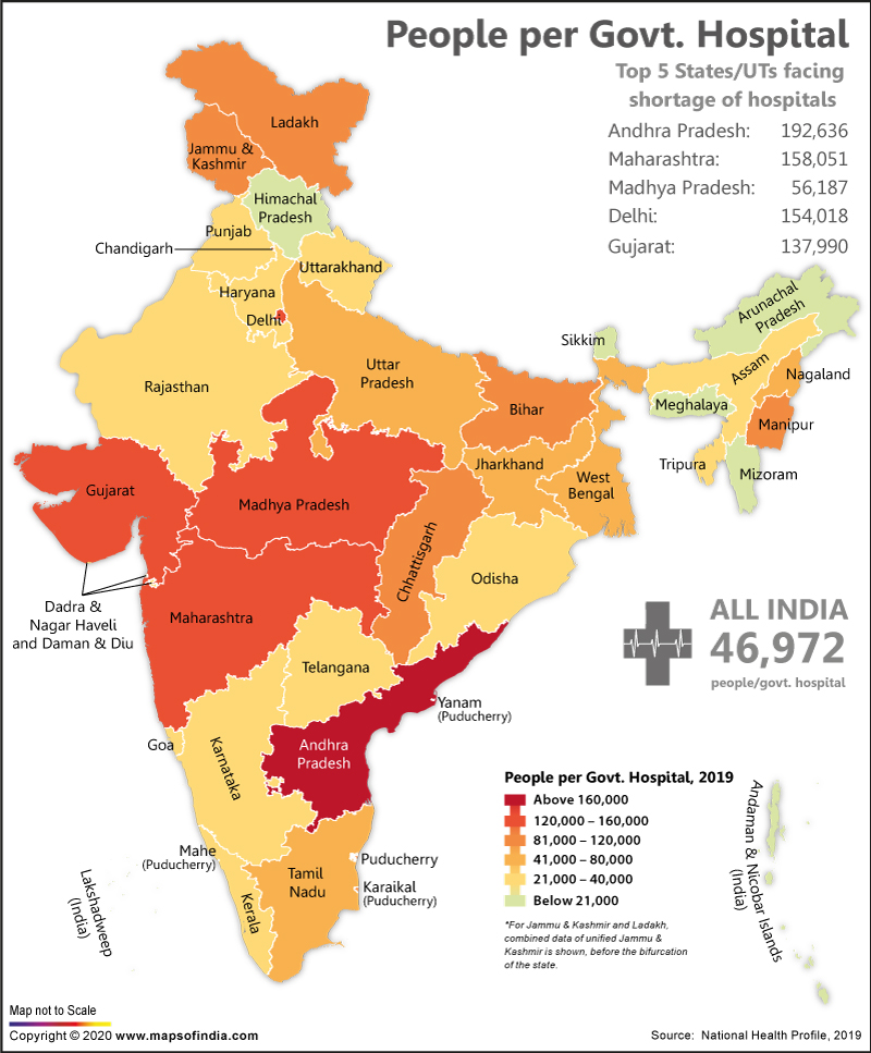 Map of India Showing Number of People Per Government Hospital in the Country