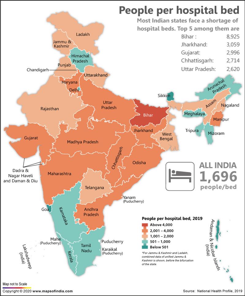 Map of India Showing Number of People Per Hospital Bed in the Country
