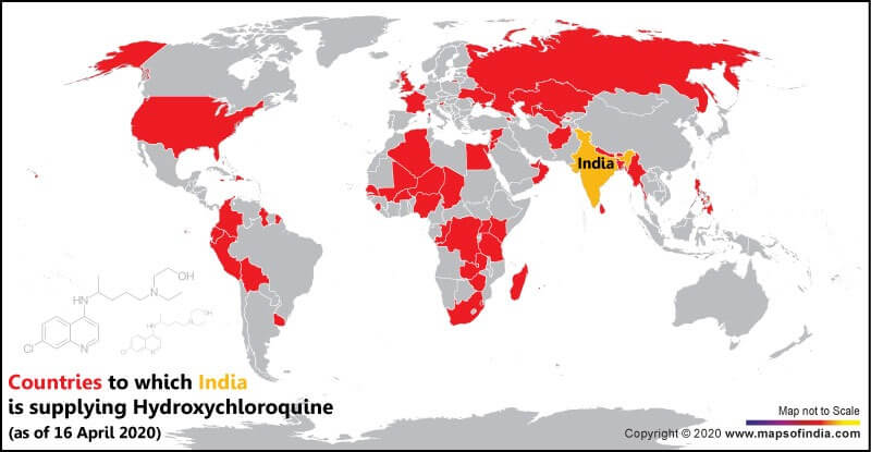 Map of World Showing Countries to Which India is Supplying Hydroxychloroquine