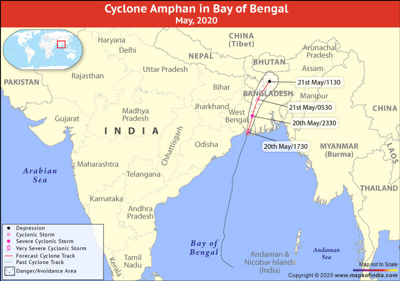 Map Showing Location of Cyclone Amphan