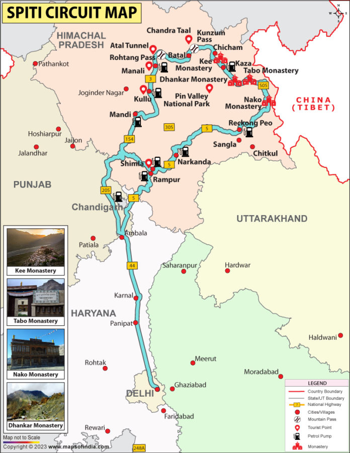 Spiti Circuit road trip map from Delhi-NCR
