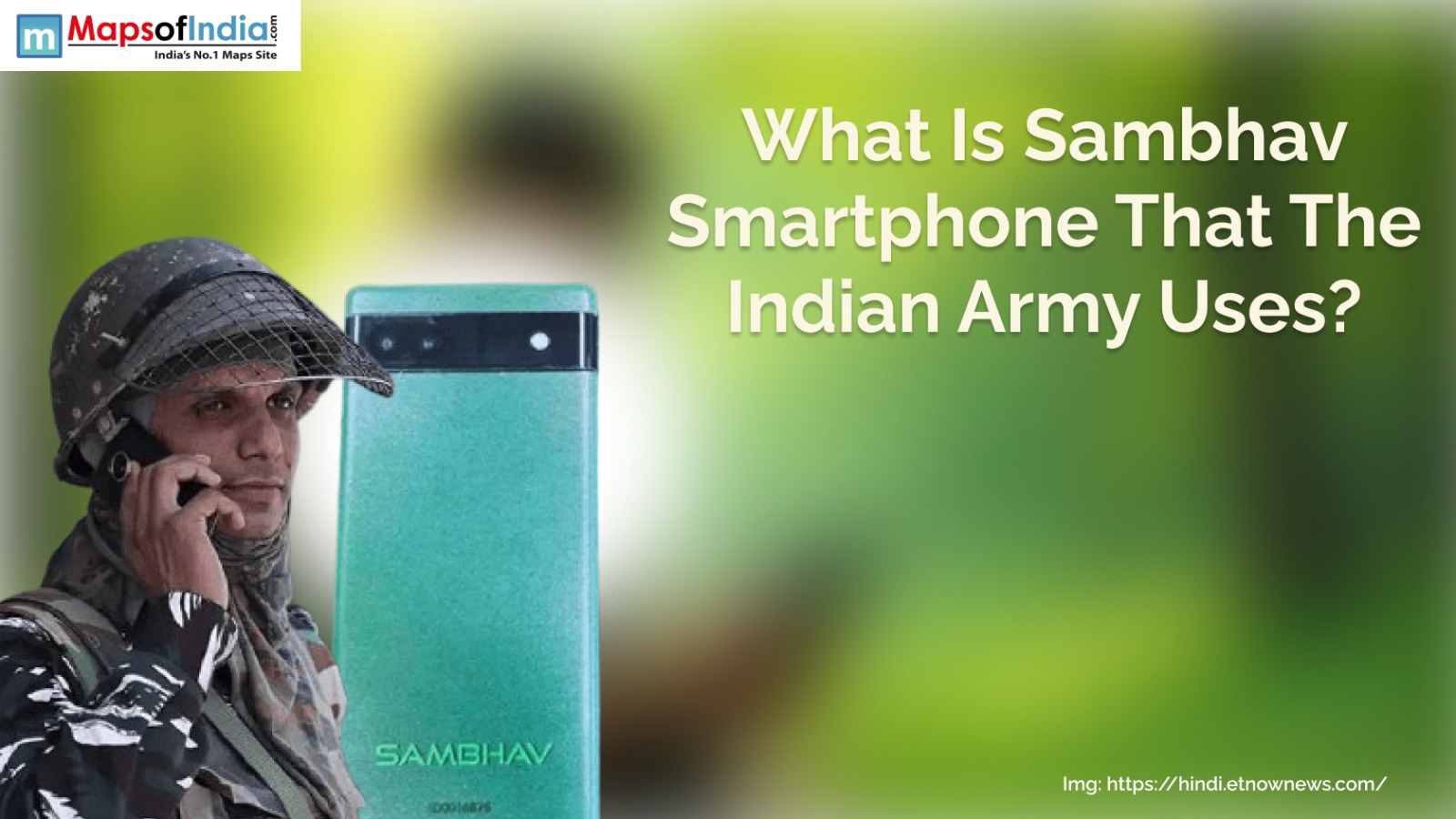 Sambhav smartphone used by the Indian Army, shown with a rugged design and military-grade casing, placed on a camouflage surface—featured in a blog post explaining its features, purpose, and tactical use.