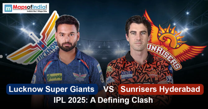 Players from Lucknow Super Giants and Sunrisers Hyderabad face off during a high-intensity IPL 2025 match at a packed stadium, with fans cheering in the background.