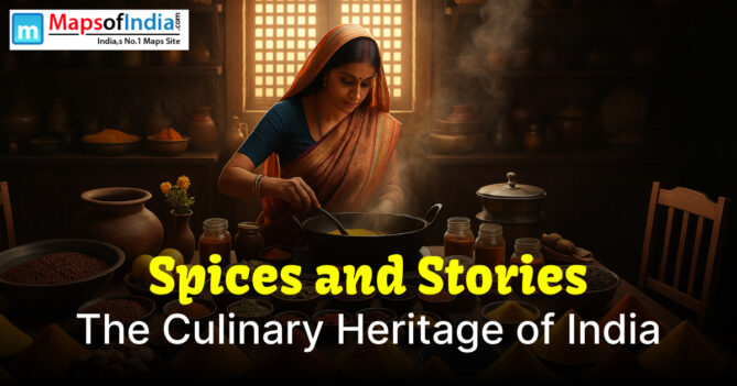 Traditional Indian kitchen scene showing the cultural significance of spices in Indian heritage.