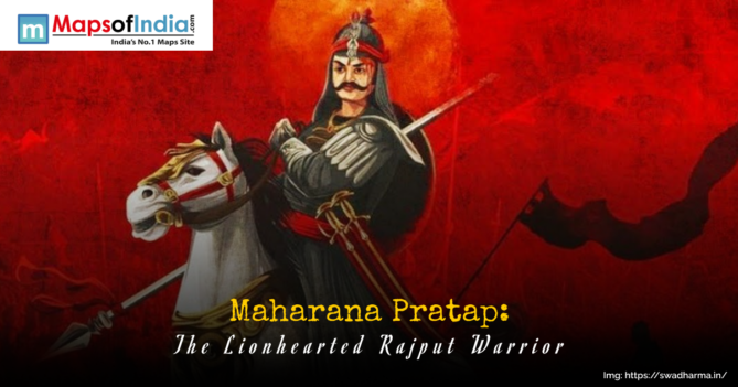 Portrait of Maharana Pratap, the legendary Rajput king of Mewar, in traditional armor riding his horse Chetak, symbolizing bravery and patriotism.