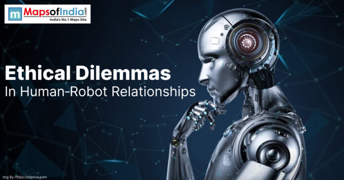 A futuristic silver humanoid robot with mechanical details, posed in a thinking position, set against a dark, digital background with interconnected lines, illustrating the theme of ethical dilemmas in human-robot relationships.