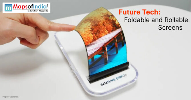 An illustration of futuristic foldable and rollable screens showcasing flexible technology in modern portable devices.