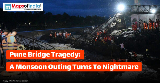 Collapsed bridge in Pune during monsoon rains with rescue teams and bystanders at the disaster site.