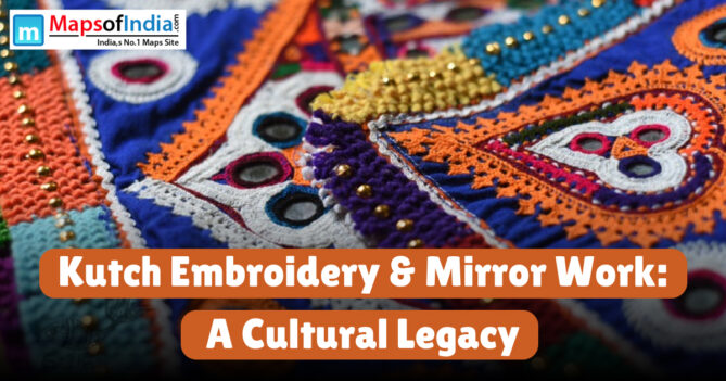 An artisan’s hand deftly stitching intricate patterns and mirrors onto vibrant Kutch embroidery, showcasing Gujarat’s rich textile heritage.