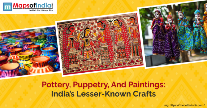 A traditional Indian pottery wheel, colorful puppets, and vibrant folk paintings showcase India's diverse and lesser-known crafts.