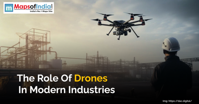 A drone flying over a construction site, showcasing its role in modern industries like agriculture, construction, and logistics.