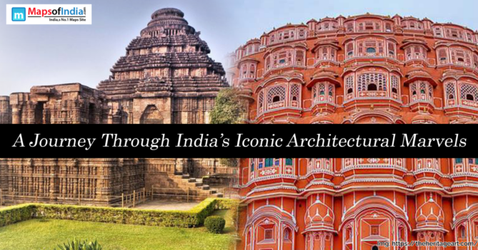 A panoramic view of India’s architectural wonders, featuring majestic palaces, and historical forts that highlight the country’s rich heritage.