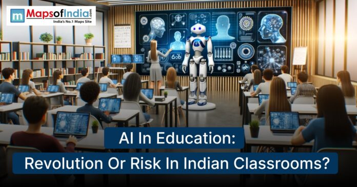 Illustration of AI-powered tools being used by students and teachers in an Indian classroom, symbolizing the impact of artificial intelligence on education.