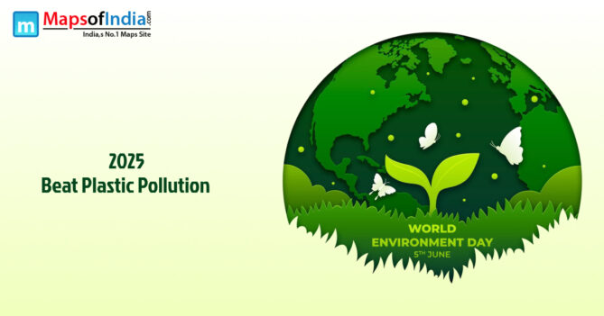Illustration of World Environment Day 2025 with a green Earth, white butterflies, and a small plant sprouting, promoting the theme 'Beat Plastic Pollution'
