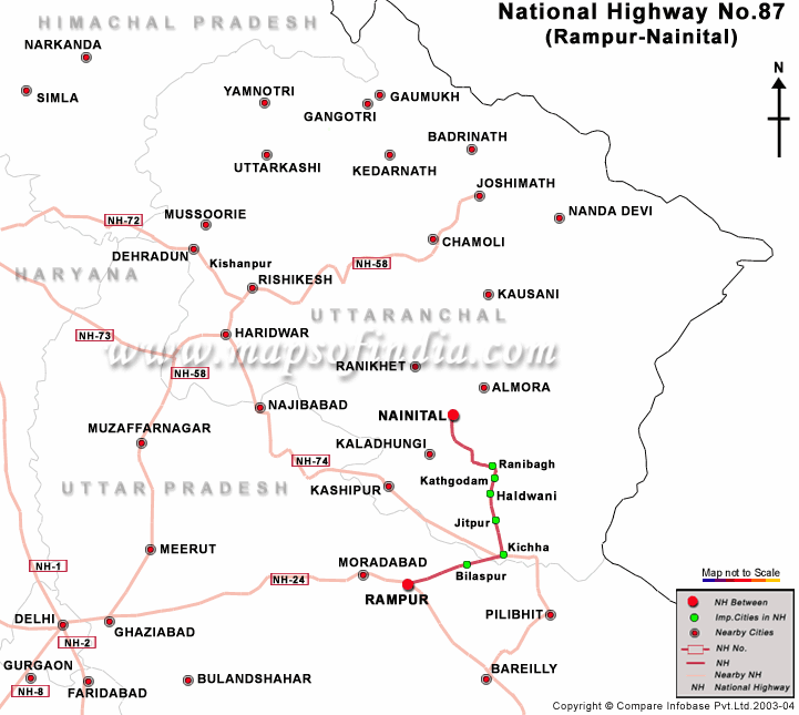 National Highway 87, Nh 87 Road Map from Rampur to Nainital