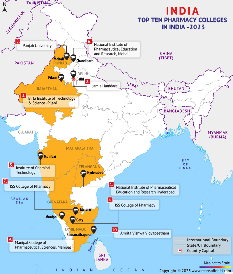 Map of Top Ten Pharmacy Colleges in India