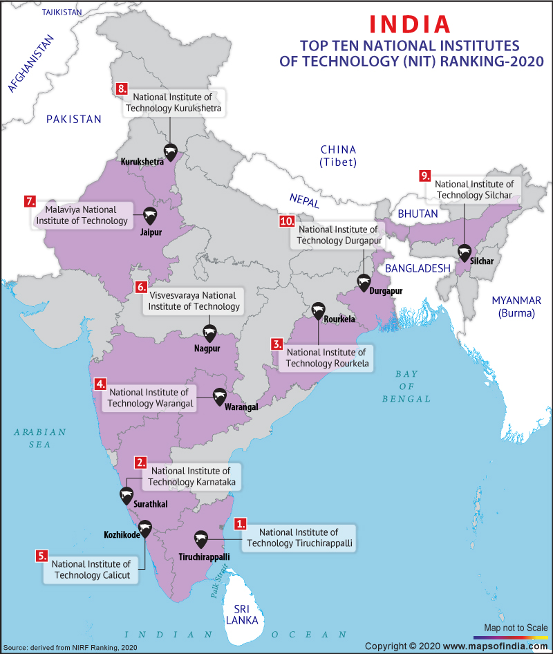 Location Map of Top Ten NIT Colleges in India