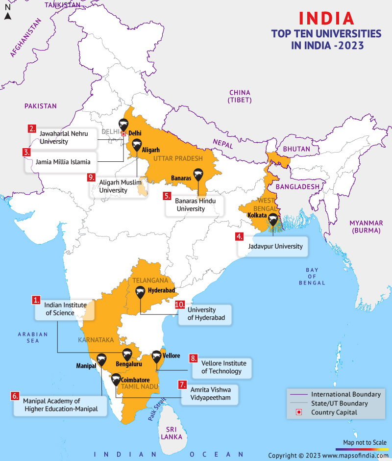 Location Map of Top Ten Universities in India