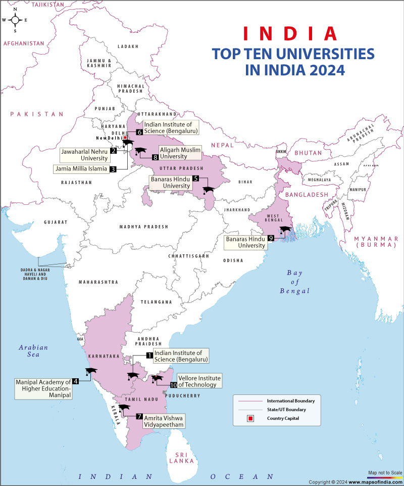 Location Map of Top Ten Universities in India