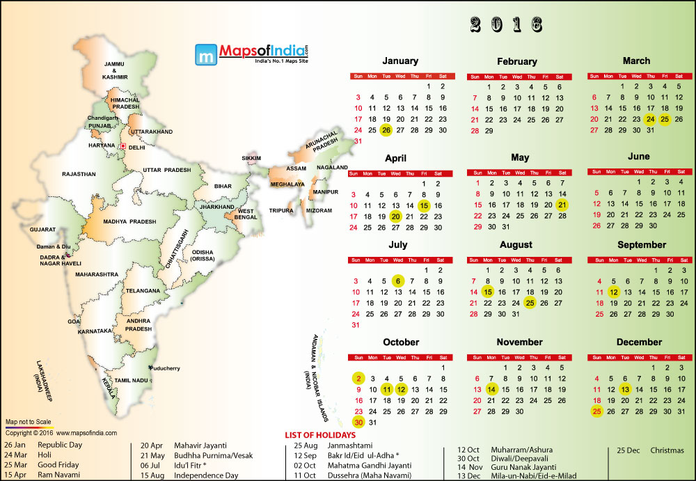 2016 India Holidays & Calendar