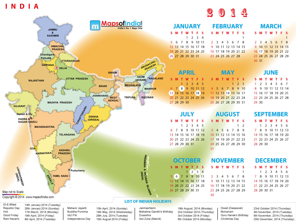 India 2014 Calendar with Holidays