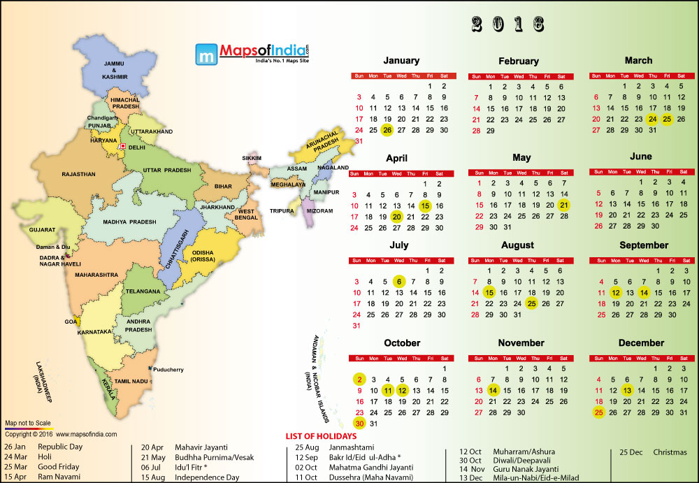 2016 India Holidays & Calendar