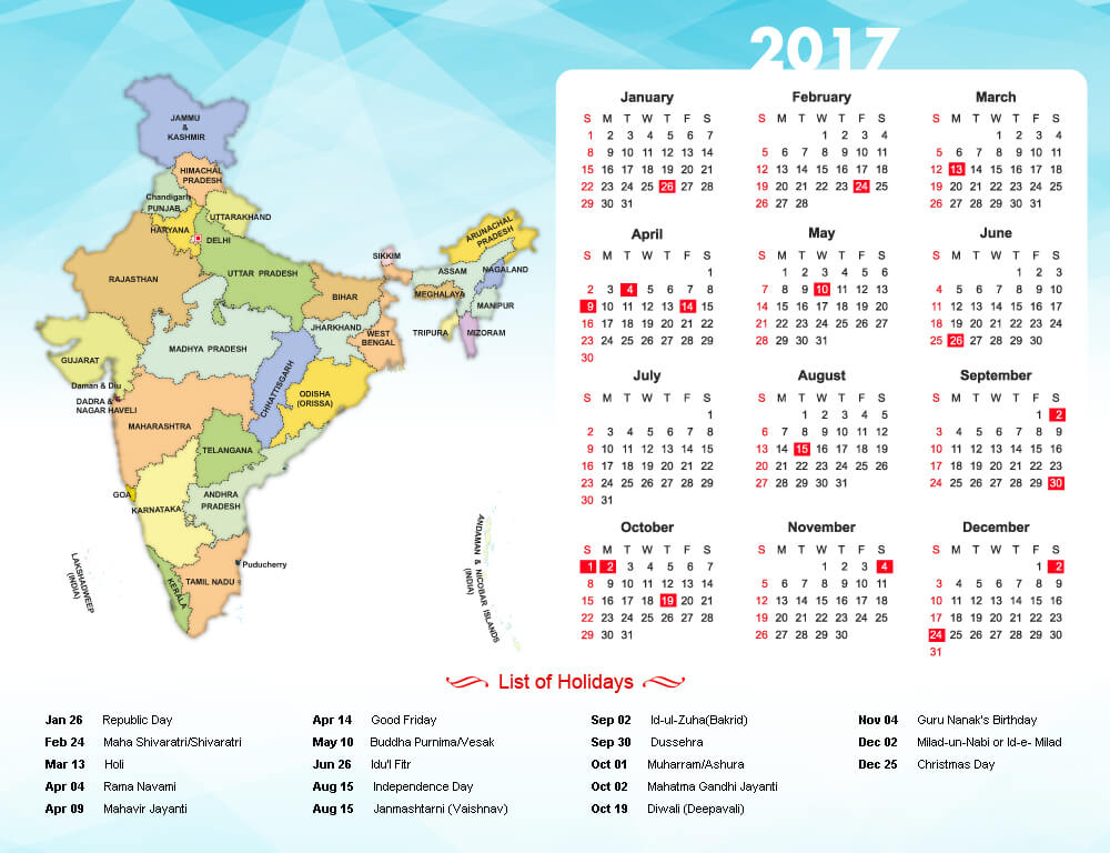 Year 17 Calendar Public Holidays In India In 17