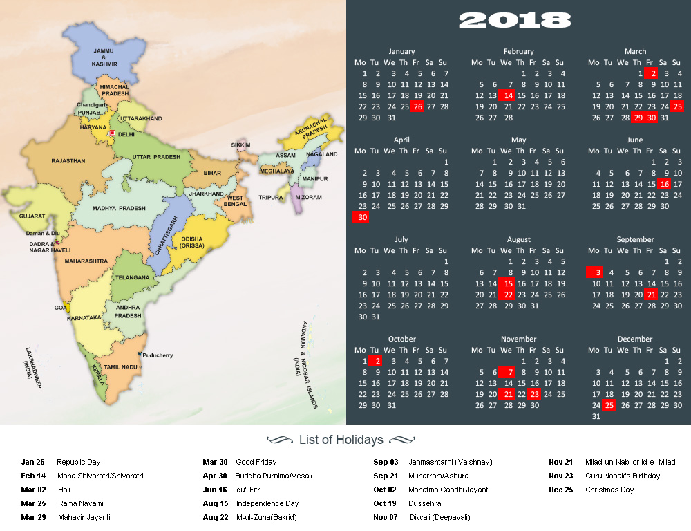 India 2018 Holidays and Calendar