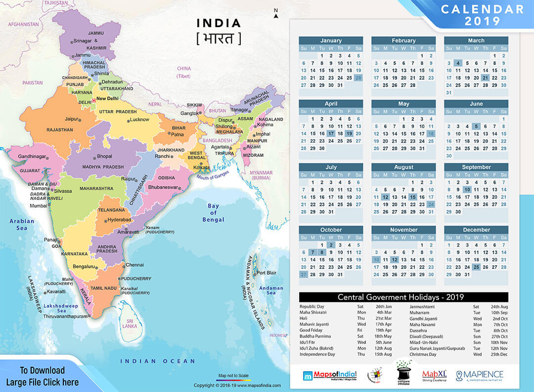 Year 2019 Calendar, Public Holidays in India in 2019