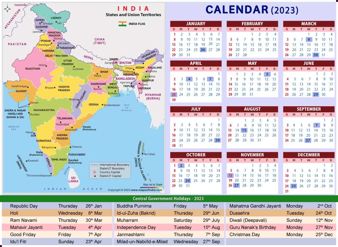 Year 2023 Calendar, Public Holidays in India in 2023