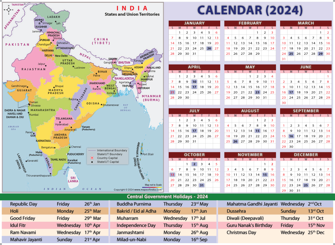 Year 2024 Calendar, Public Holidays in India in 2024