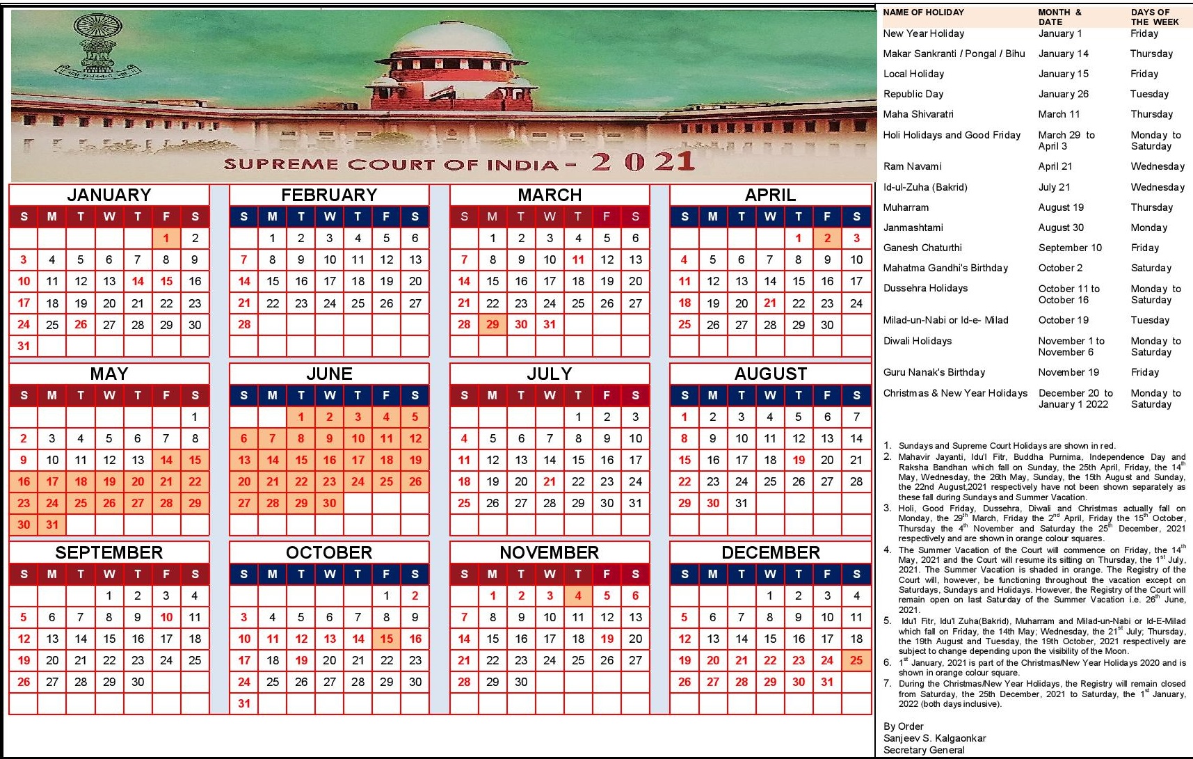Year 2021 Calendar Public Holidays in India in 2021