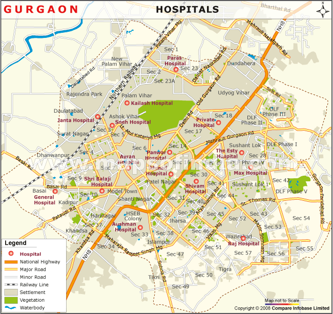 Map of Hospitals in Gurgaon