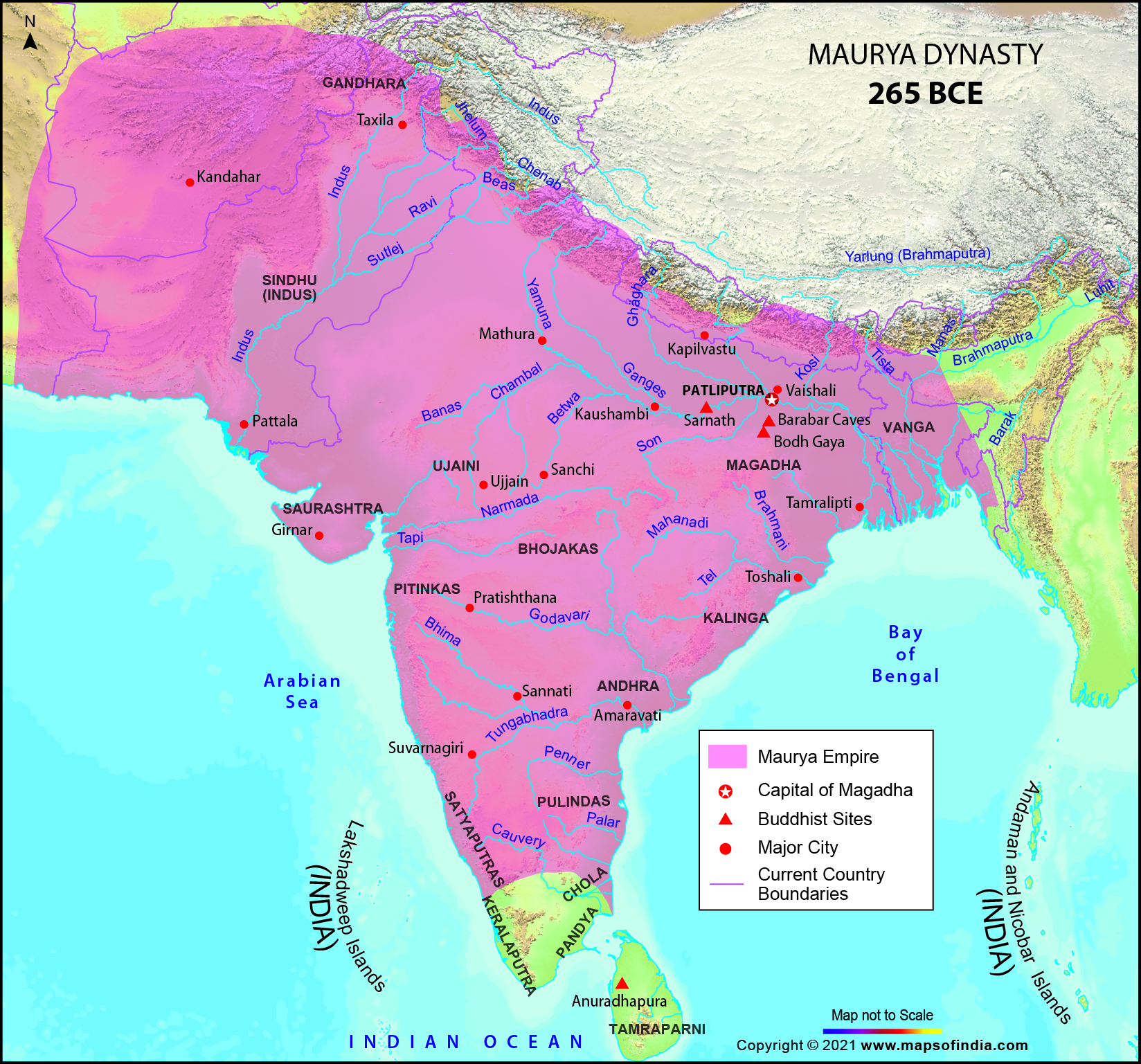 Map of Maurya Empire during Ashoka 265 BCE