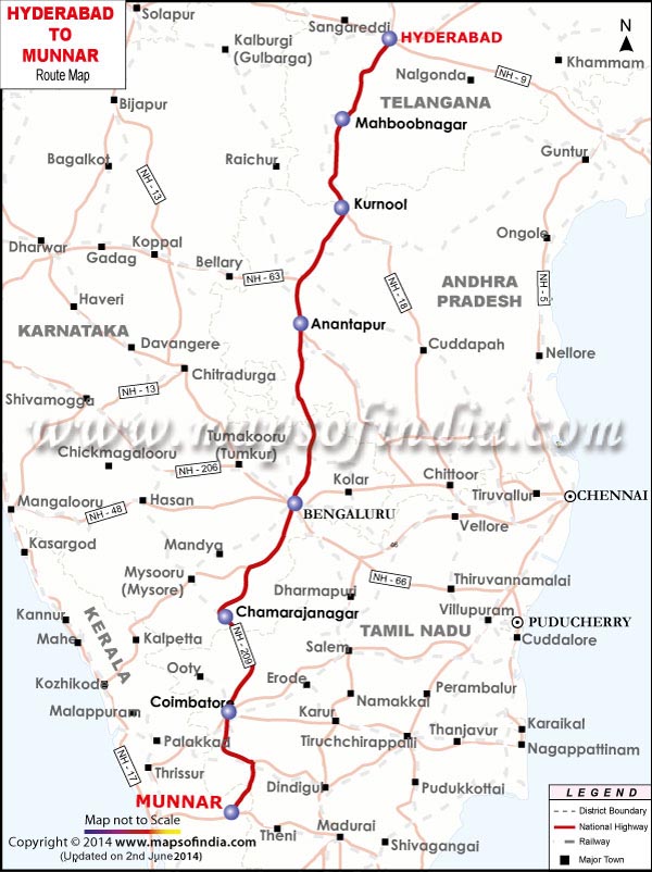 Hyderabd to Munnar Route Map