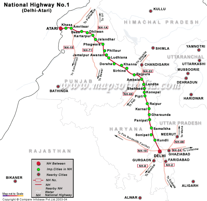 Delhi To Phagwara Distance By Road National Highway 1, Delhi To Atari Nh 1 Road Map