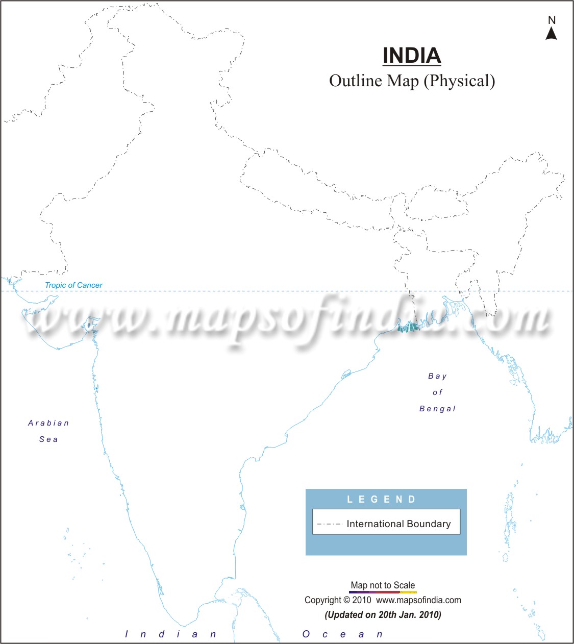 India Physical Map in A4 Size