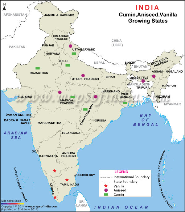 Map showing Cumin, Aniseed and Vanila growing states in India