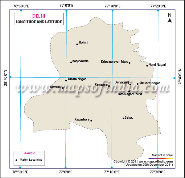 Latitude and Longitude Map of Delhi